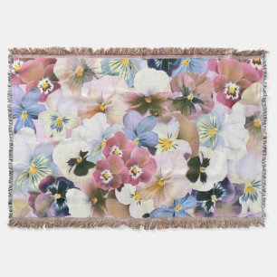 Purple Pink White Pansies Vintage Watercolor  Throw Blanket