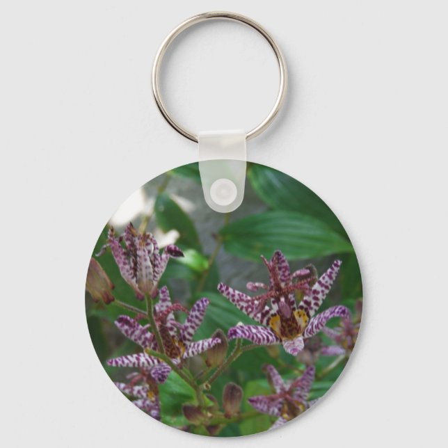 Purple pink white striped orchid like flower lilly keychain (Front)