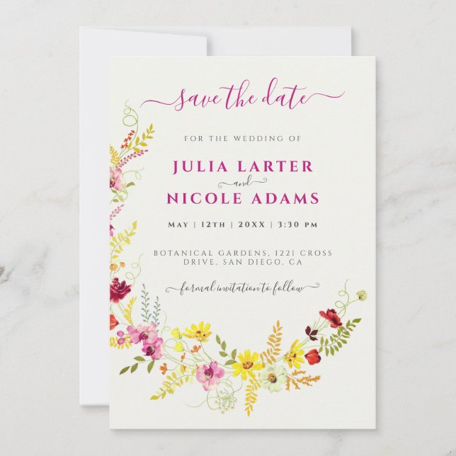Purple Pink Wild Orchid Flowers Wreath Wedding Save The Date (Front)