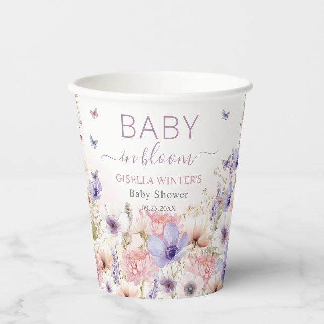 Purple Pink Wildflower Butterflies Baby in Bloom Paper Cups (Front)
