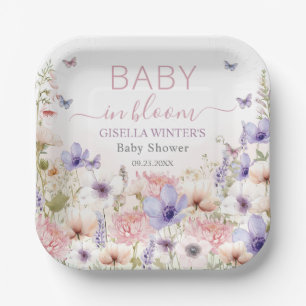 Purple Pink Wildflower Butterflies Baby in Bloom Paper Plate