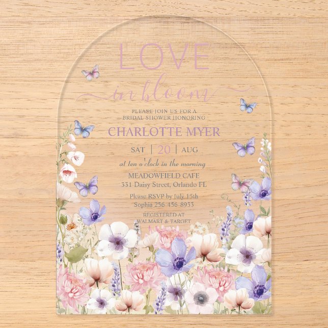 Purple Pink Wildflower Butterflies Love in Bloom Acrylic Invitations (Front)