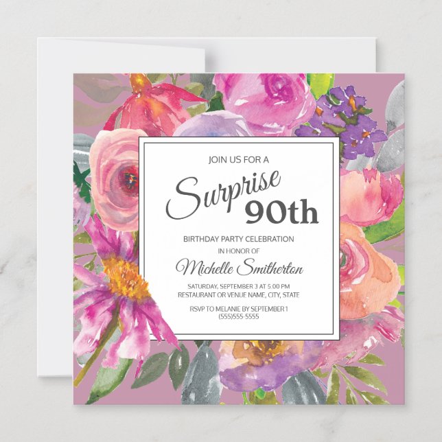 Purple Pink Wildflower Square 90th Birthday Party Magnetic Invitation (Front)