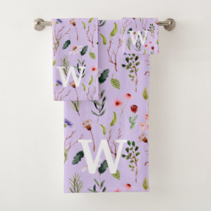 Purple pink wildflower watercolor monogram name bath towel set