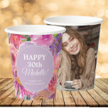 Purple Pink Wildflowers 30th Birthday Photo Paper Cups<br><div class="desc">Beautiful pink and purple watercolor wildflowers, boho-style 30th birthday party paper cup personalized with your photo on the back. Personalize with the name and age of the guest of honour, party location, and your photo. Text is fully customizable, so make it your own. Contact us for help with customization or...</div>