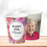 Purple Pink Wildflowers 90th Birthday Photo Paper Cups<br><div class="desc">Beautiful pink and purple watercolor wildflowers 90th birthday party paper cup personalized with your photo on the back. Personalize with the name and age of the guest of honour, party date, and your photo. Text is fully customizable, so make it your own. Contact us for help with customization or matching...</div>
