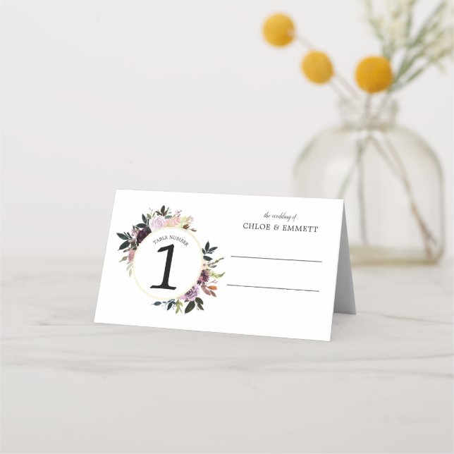 Purple Pink Wreath Wedding Folded Place Card (Front)