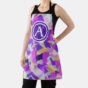 Purple Pink Yellow Blue Modern Abstract Monogram Apron