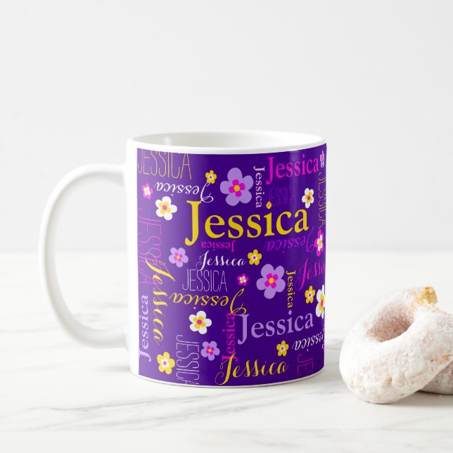 Purple pink yellow flower custom name jessica coffee mug (With Donut)
