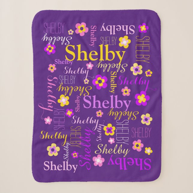 Purple pink yellow flowers girl Shelby custom name Sherpa Blanket (Front)