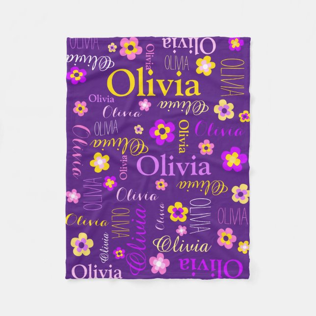 Purple pink yellow girls name Olivia flower Fleece Blanket (Front)