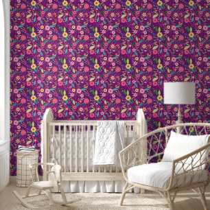 Purple pink yellow green floral peel and stick wallpaper
