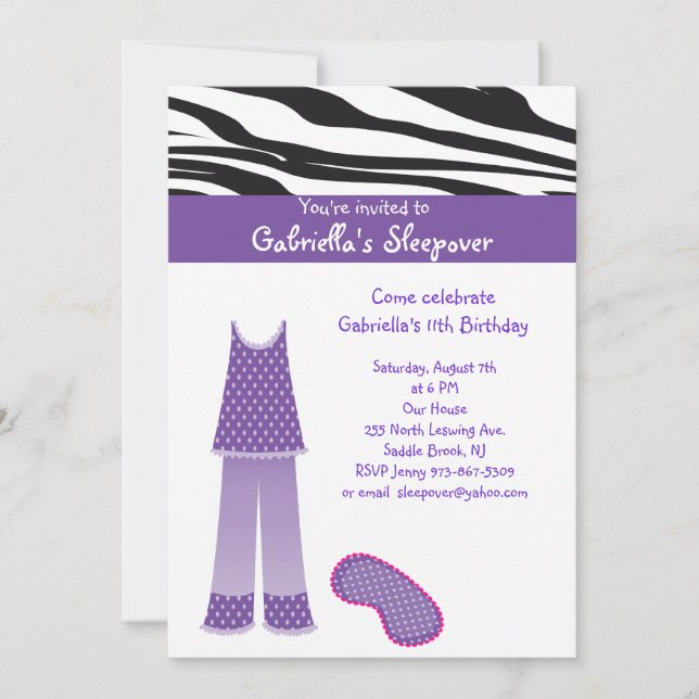Purple PJ's  /Zebra Sleepover Birthday Invitation (Front)