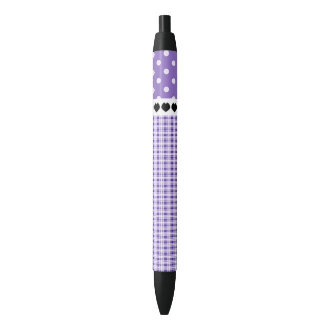 Purple Plaid and Polka Dots Black Ink Pen (Front Vertical)