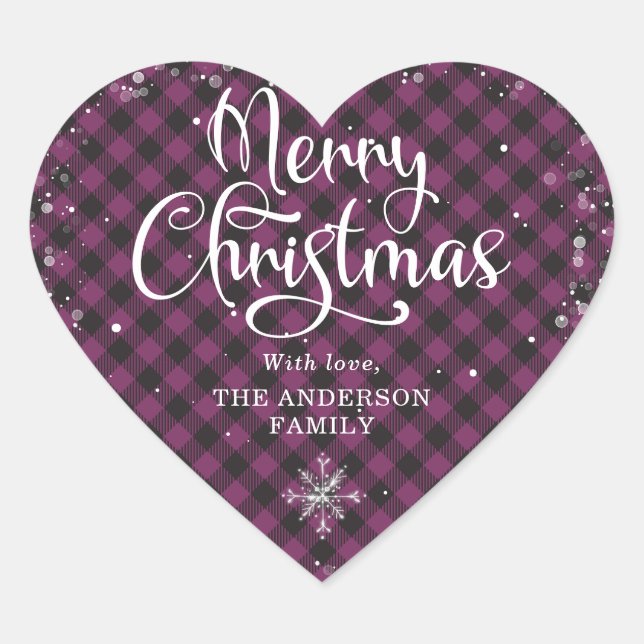Purple Plaid Calligraphy Snow Merry Christmas Heart Sticker (Front)