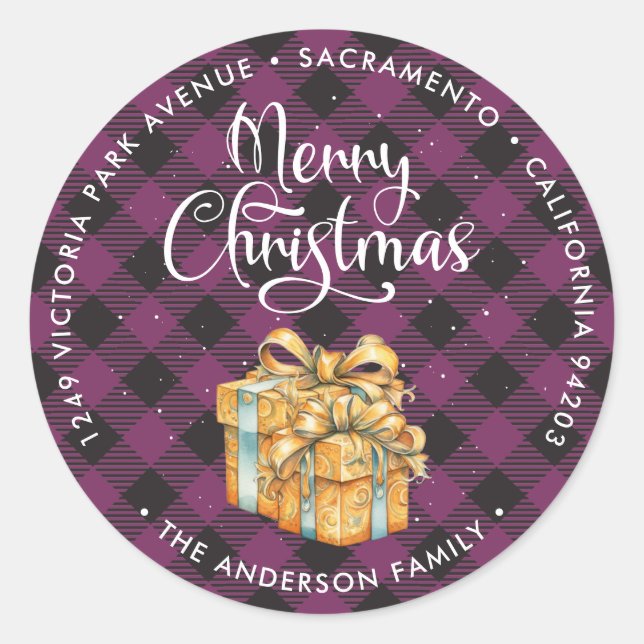 Purple Plaid Merry Christmas Return Address Labels (Front)