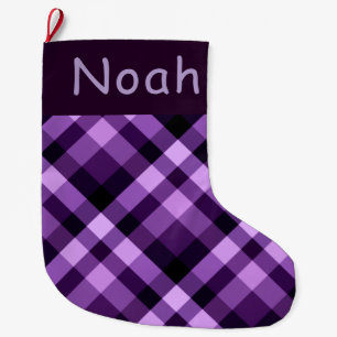 Purple Plaid Monogram Large Christmas Stocking