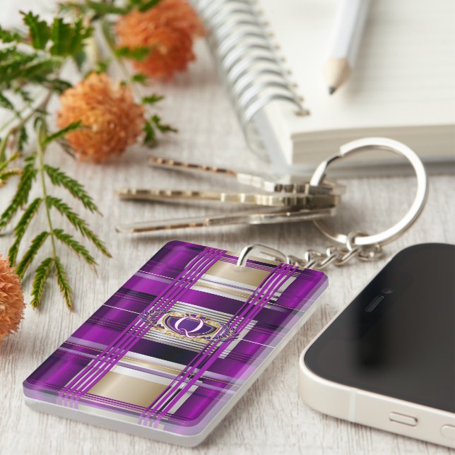 Purple Plaid Personalized Keychain (Front Right)