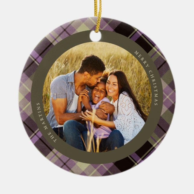 Purple Plaid Photo Ceramic Ornament (Front)