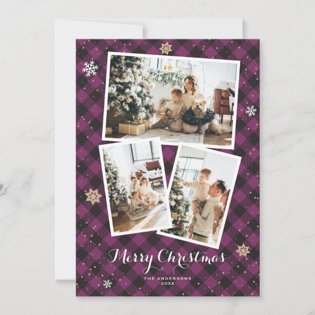Purple Plaid Photo Collage Merry Christmas Cards (Front)