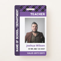 Purple Plaid Photo ID School Teacher
