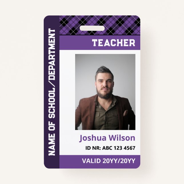 Purple Plaid Photo ID School Teacher Badge (Front)