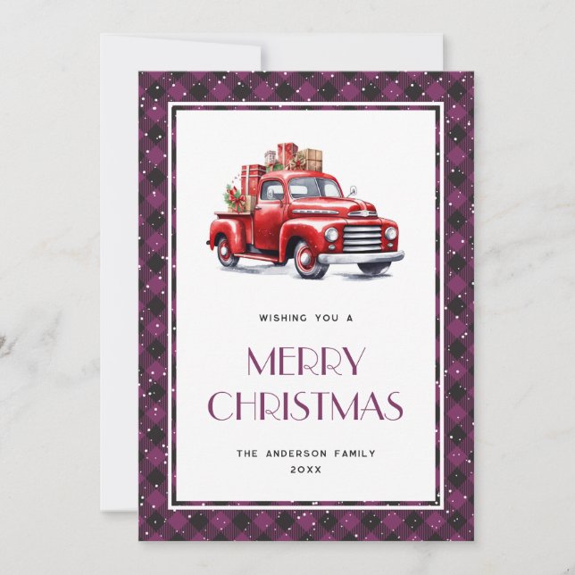 Purple Plaid Retro Red Truck Merry Christmas Card (Front)