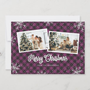 Purple Plaid Silver Snowflake Photo Christmas Card