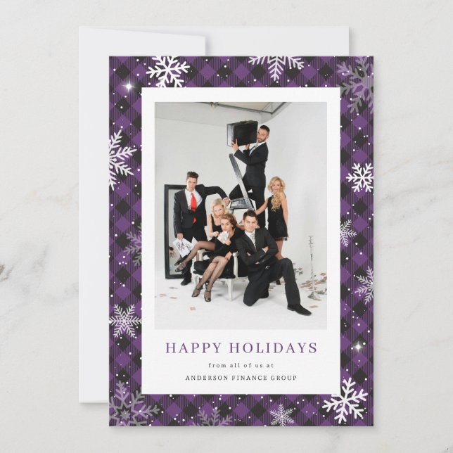Purple Plaid Snowflake Photo Corporate Business Holiday Card (Front)