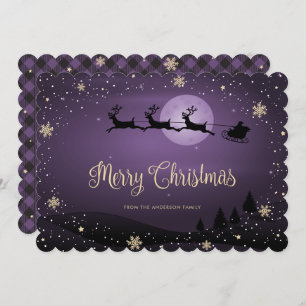 Purple Plaid Snowflake Reindeer Santa Claus Holiday Card