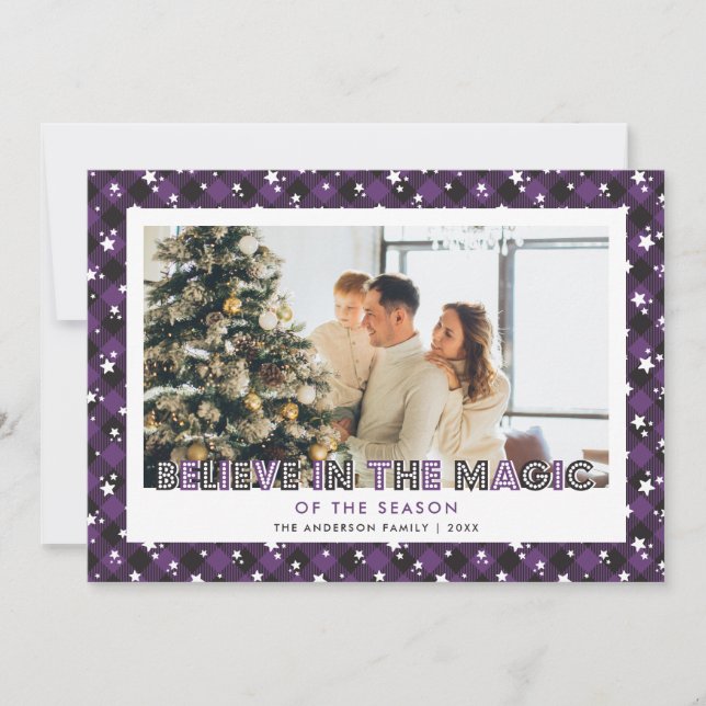 Purple Plaid Stars Believe Photo Christmas Card (Front)