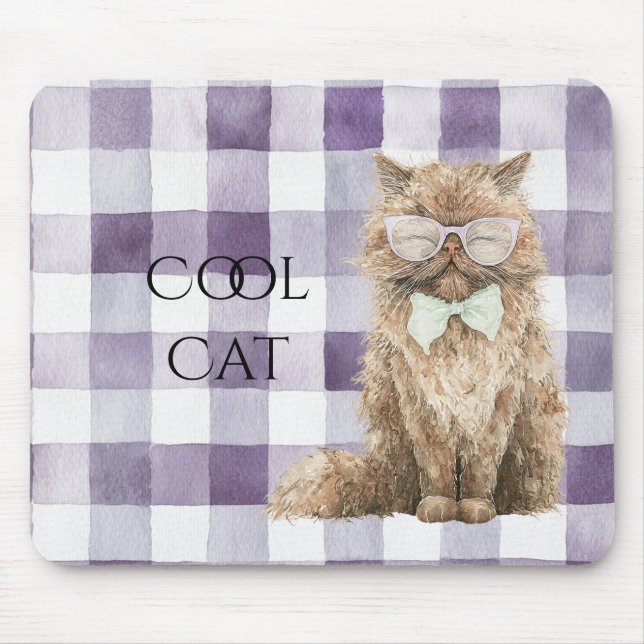 Purple Plaid Stripes Brown Cool Cat Glasses   Mouse Pad (Front)