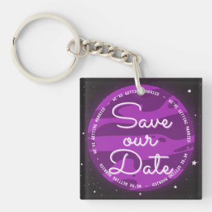 Purple Planet Space Themed Save Our Date Keychain