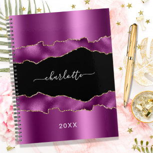 Purple plum black agate marble name script 2022 planner