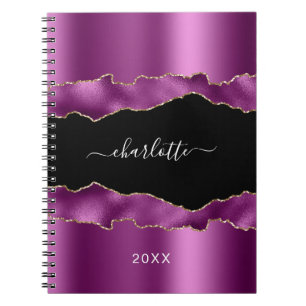 Purple plum black agate marble name script notebook