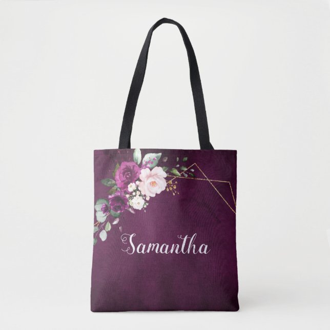 Purple Plum Blush Pink Floral Bridesmaid gift Tote Bag (Front)