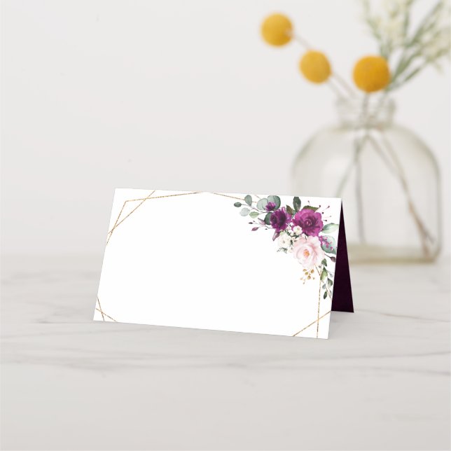 Purple Plum Blush Pink Roses Geometric Wedding Place Card (Front)