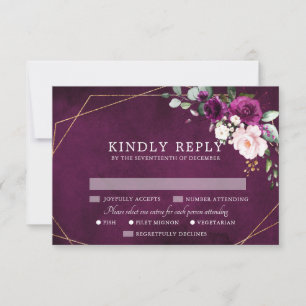 Purple Plum Blush Pink Roses Geometric Wedding RSV RSVP Card