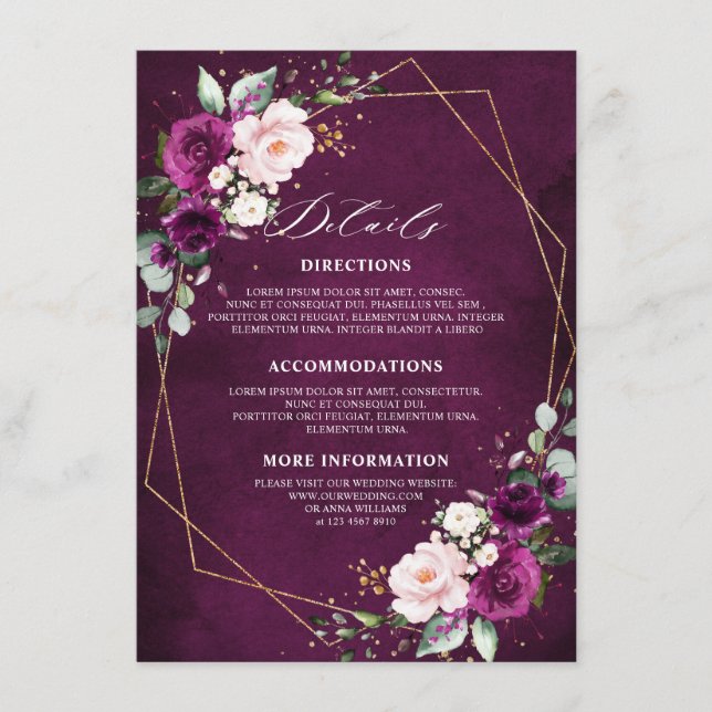 Purple Plum Blush Pink Roses Wedding Details Enclo Enclosure Card (Front)