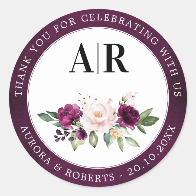 Purple Plum Blush Pink Roses Wedding Thank You Cla Classic Round Sticker (Front)