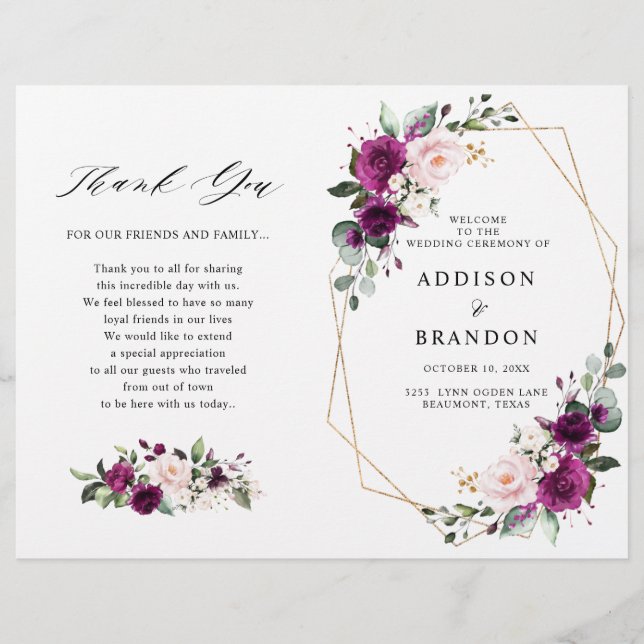 Purple Plum Blush Rose Roses Programme de mariage (Devant)