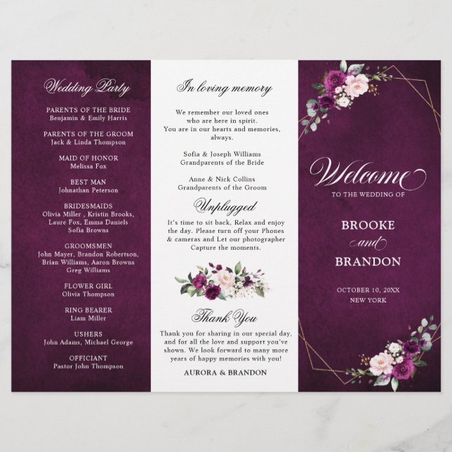 Purple Plum Blush Rose Trifold Wedding Program (Front)