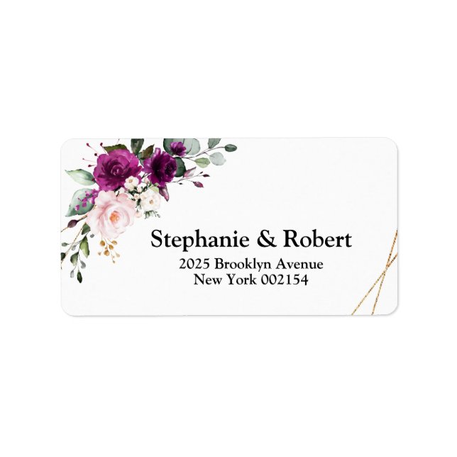 Purple Plum Blush Roses Geometric Return Address Label (Front)