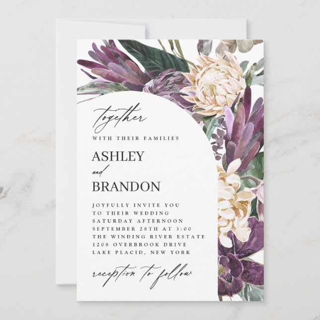 Purple Plum Boho Tropical Floral Wedding Invitation (Front)