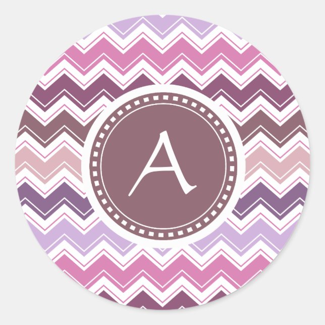 Purple Plum Chevron ZigZag Monogram Classic Round Sticker (Front)