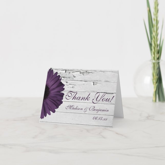Purple Plum Daisy Rustic Wedding Thank You Cards (Front)