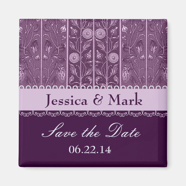 Purple Plum Damask Enregistrer la date Magnet Mari (Devant)