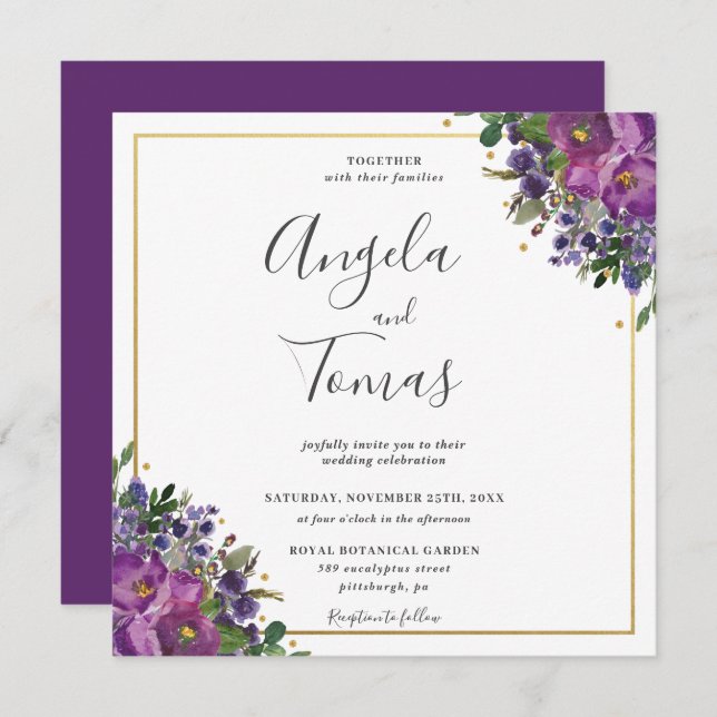 Purple Plum Floral Greenery Wedding Gold Square Invitation (Front/Back)