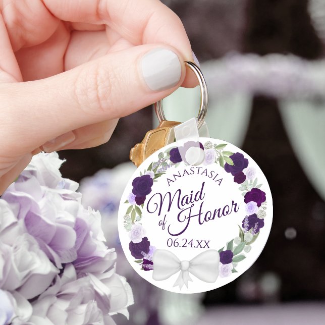 Purple & Plum Floral Wreath Maid of Honour Wedding Keychain (Creator Uploaded)