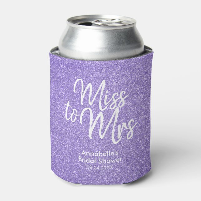 Purple Plum Glitter Glam Miss to Mrs Bridal Shower Can Cooler (Can Front)